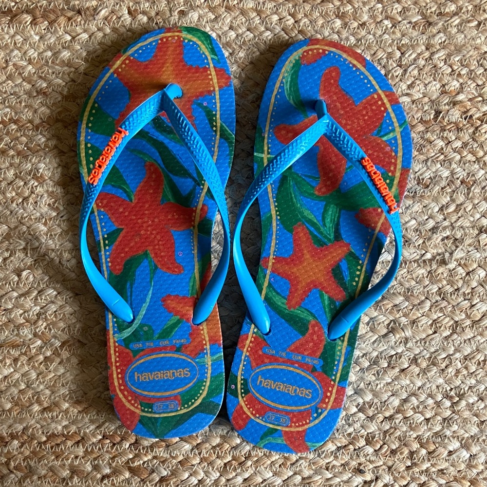 Havaianas Vibrant Blue and Orange Floral Flip Flops